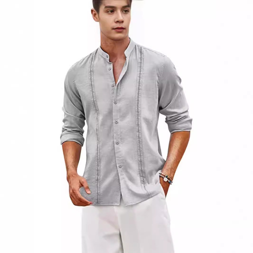 Herren Langarmhemd Elegant Stehkragen Feine Stickerei