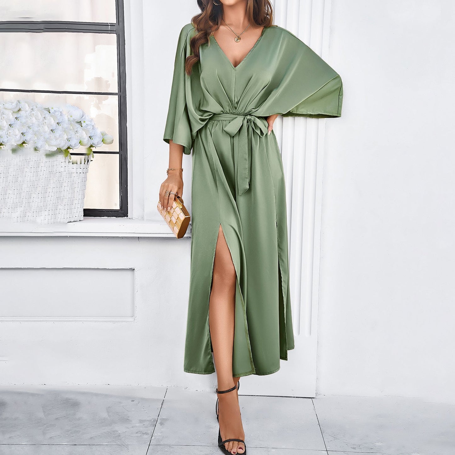 Damen Maxikleid Elegant Hochgeschlitzt Abendkleid