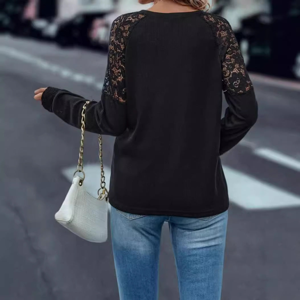 Damen Pullover V-Ausschnitt Spitze Ärmel Eleganz