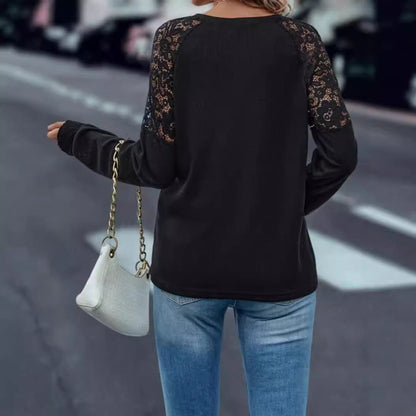 Damen Pullover V-Ausschnitt Spitze Ärmel Eleganz