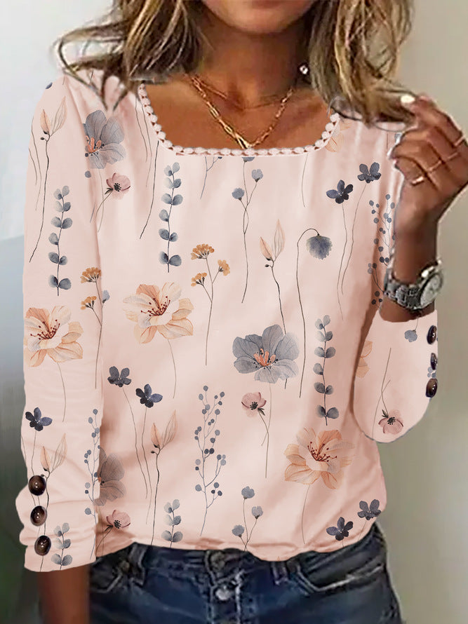 Damenbluse Floral Druck Bluse Mit Knöpfen Elegant