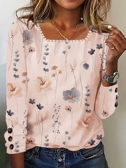Damenbluse Floral Druck Bluse Mit Knöpfen Elegant