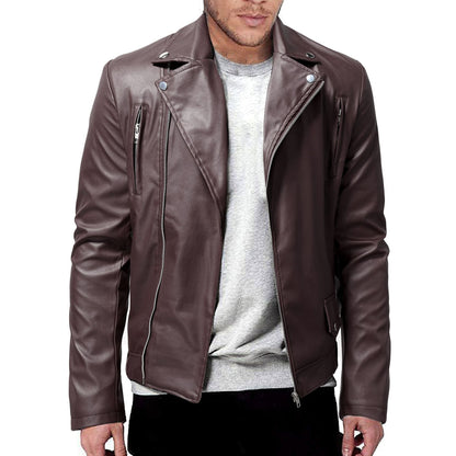 Herren Lederjacke Biker Stil mit Taschen Schwarz