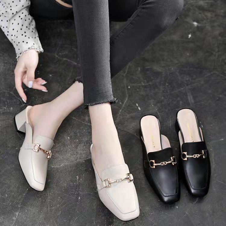 Damen Mules Schuhe mit Blockabsatz Schnalle Modern