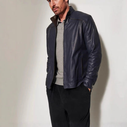Lederjacke Herren Modern Stehkragen Schwarz Ledermantel