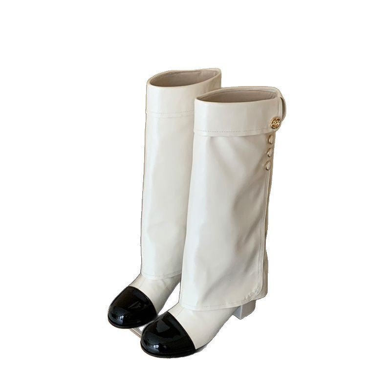 Damen Stiefel Elegante Blockabsatz Knöpfchen Detail Schuhe