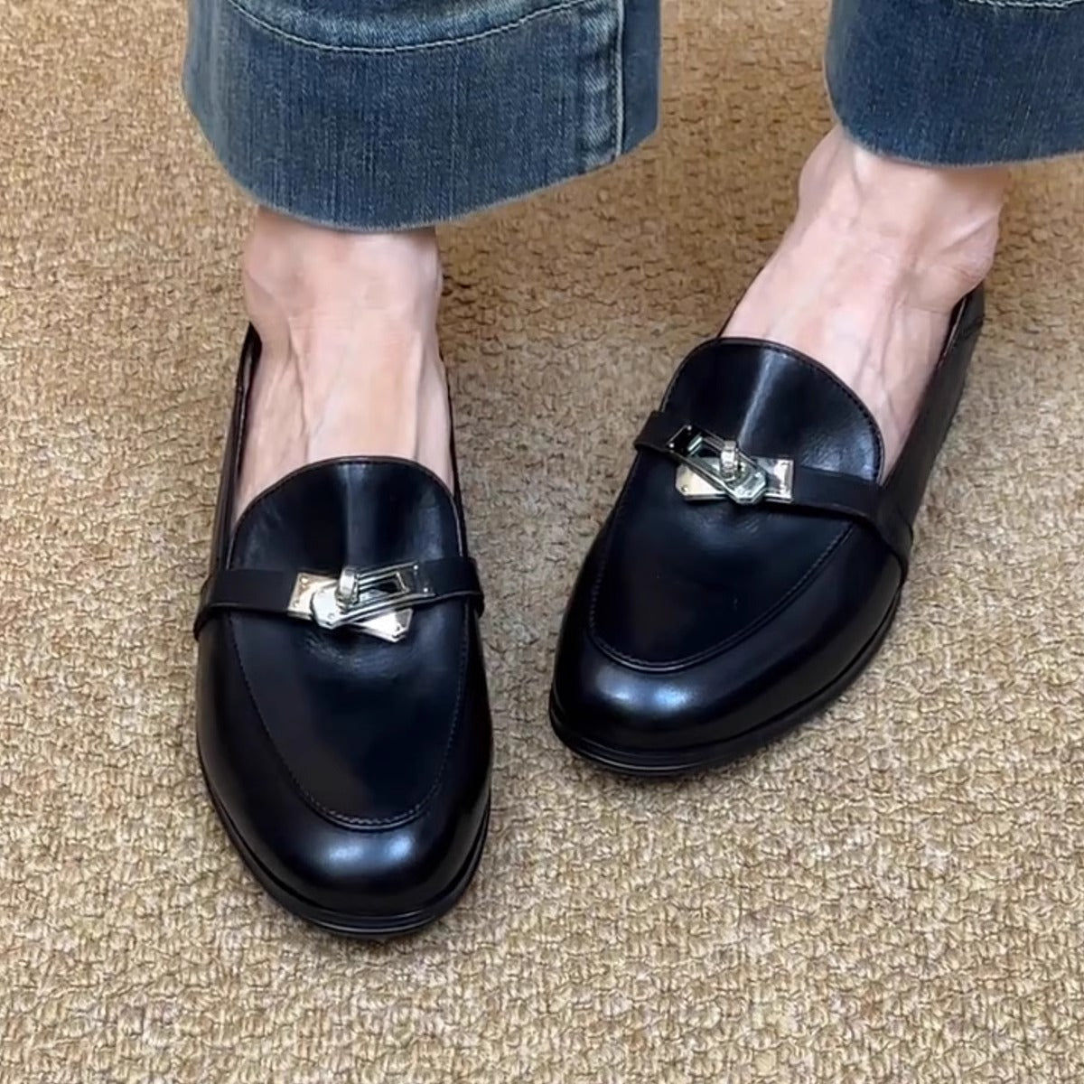 Damen Loafers Leder Elegante Schnalle Schwarz