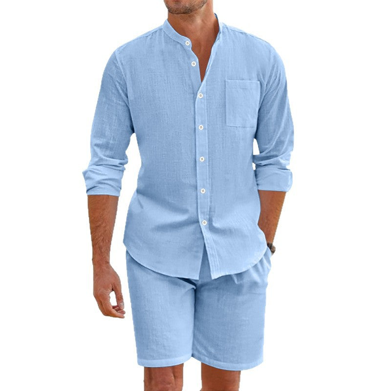 Herren Leinenhemd Sommer Shorts Set Beige Leicht