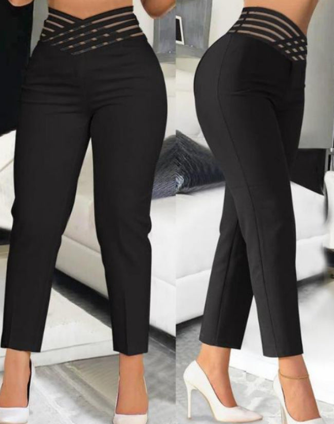 Damen Hose High Waist Stretch Modern Mit Gitterbund