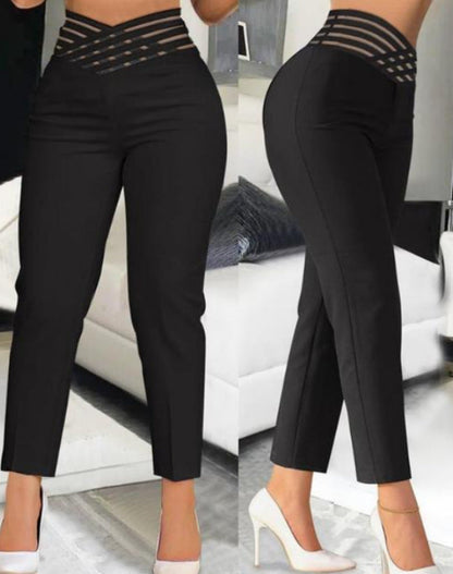 Damen Hose High Waist Stretch Modern Mit Gitterbund