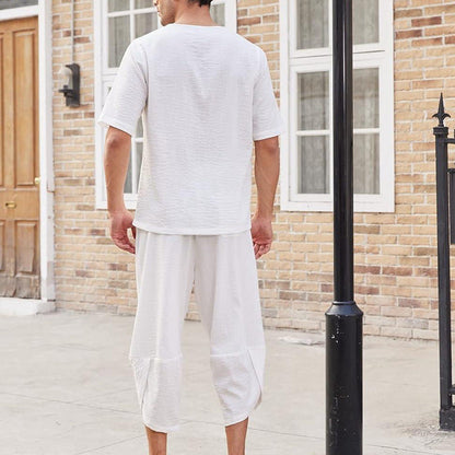 Herren Leinenanzug Sommer Kurzarm Oberteil Lockere Hosen