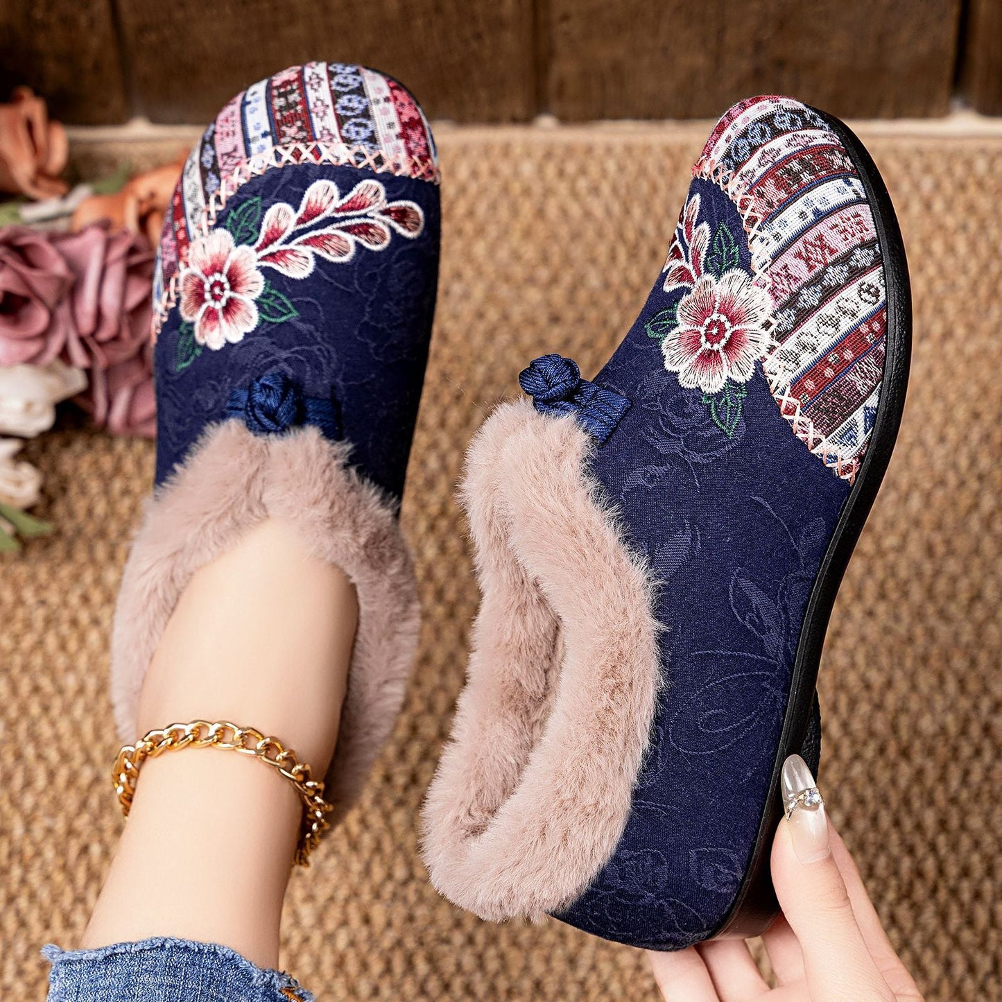 Damen Hausschuhe Flauschig Warm Stickerei