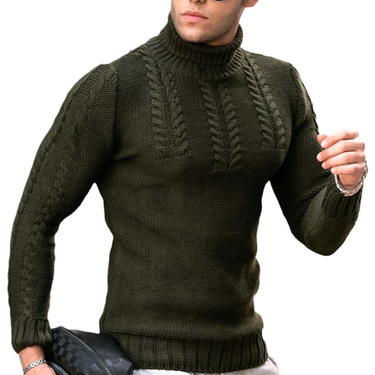 Herren Strickpullover Hochkragen Zopfmuster Elegant