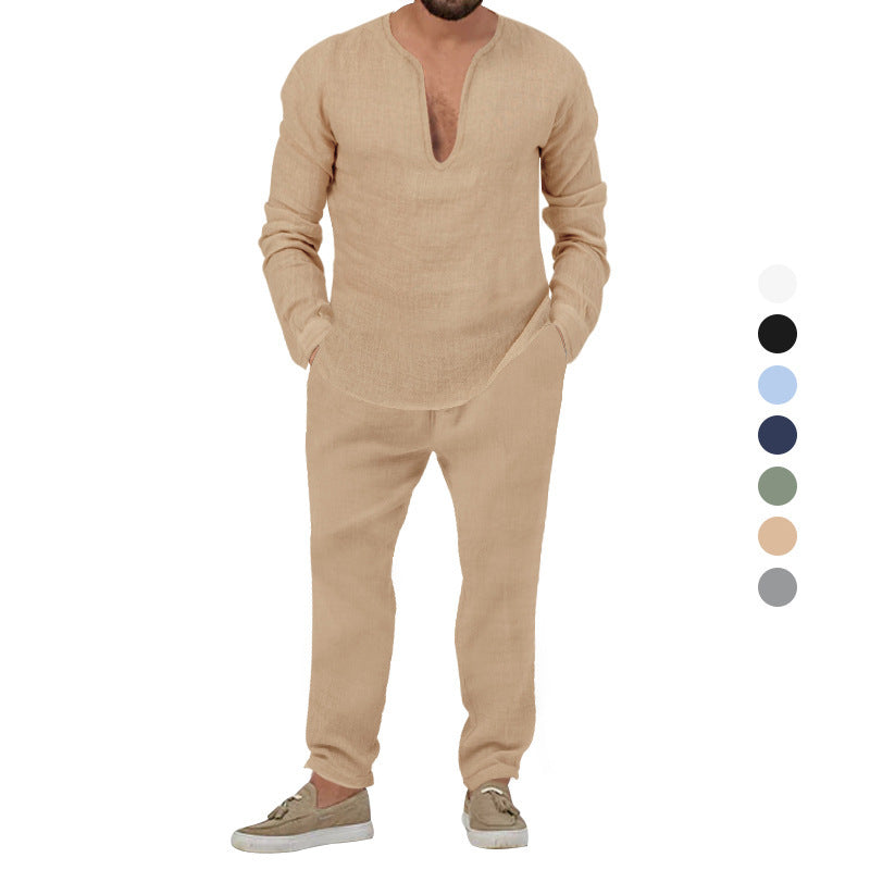Herren Leinenanzug Set Elegantes Loungewear Stehkragen Modern