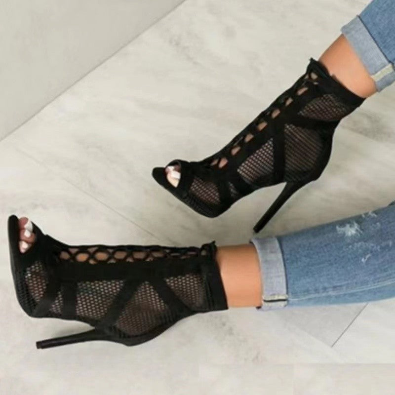 Damen Stiefeletten High Heel Peep-Toe Netzoptik