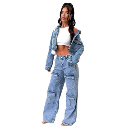 Damen Jeans Cargo Weite Bein mit Taschen Lässig