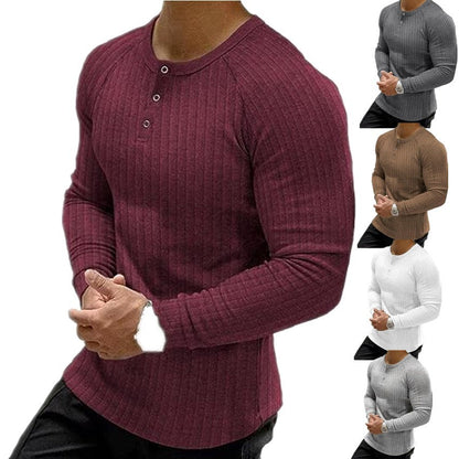 Herren Langarm T-Shirt Ripp Optik Knopfleiste Modern