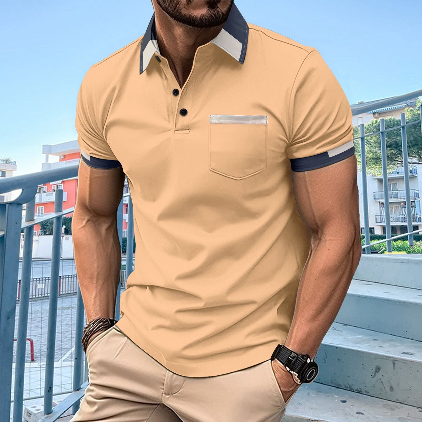 Herren Polohemd Modern Klassisch mit Brusttasche