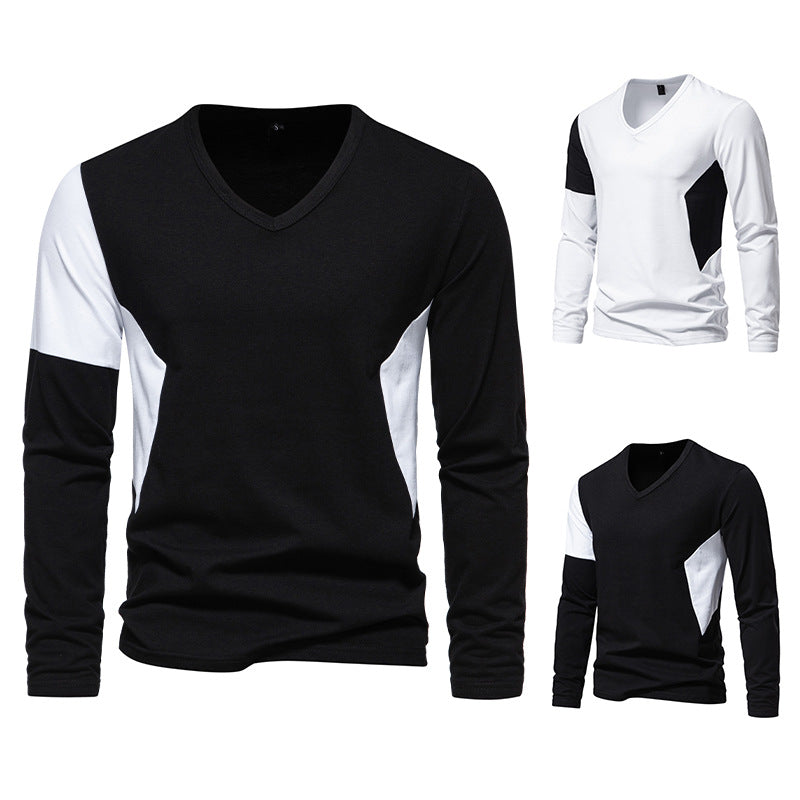 Herren Langarmshirt Modern V-Ausschnitt Kontrast Ärmel
