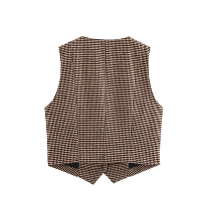 Damen Weste Karomuster Elegante Knopfleiste