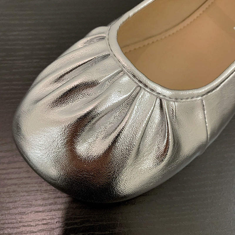 Damen Ballerinas Flach Schuhe mit Riemchen und Falten Optik