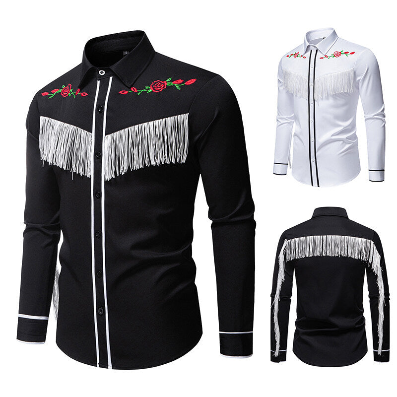 Herren Westernbluse Elegante Fransen Bestickung Cowboy Stil