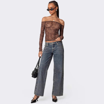 Damen Leoparden-Shirt Langarm Off-Shoulder Trendy