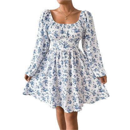 Damen Kleid Blumenmuster Elegant Raffung Langärmlig Sommer