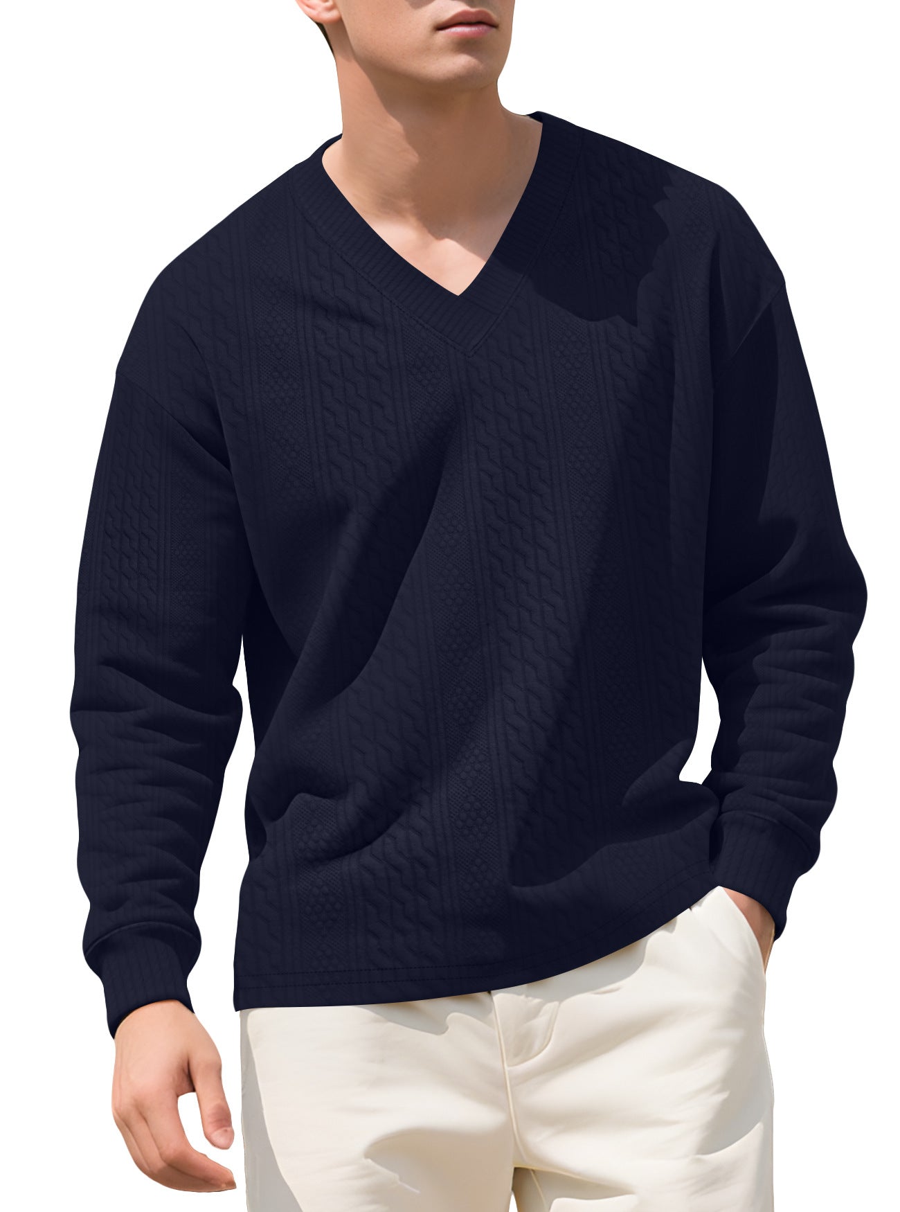 Herren Pullover Strick V-Ausschnitt Struktur Optik