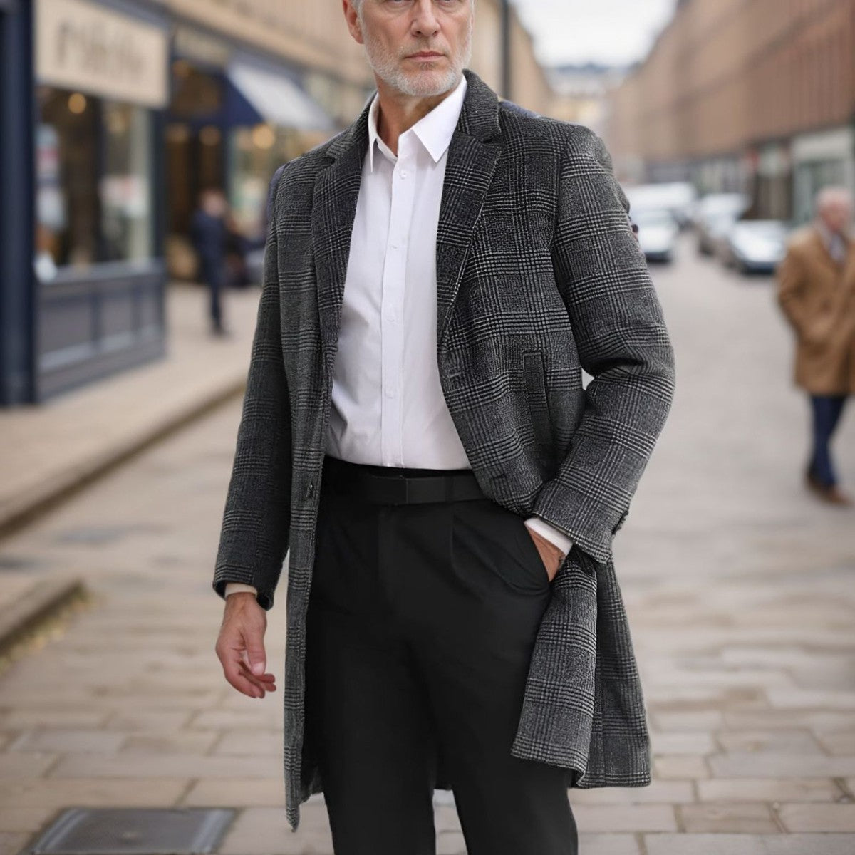 Herren Wollmantel Lang Karomuster Elegant Schwarz