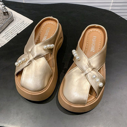 Damen Plateau Sandalen Plateauschuhe mit Perlen schwarz