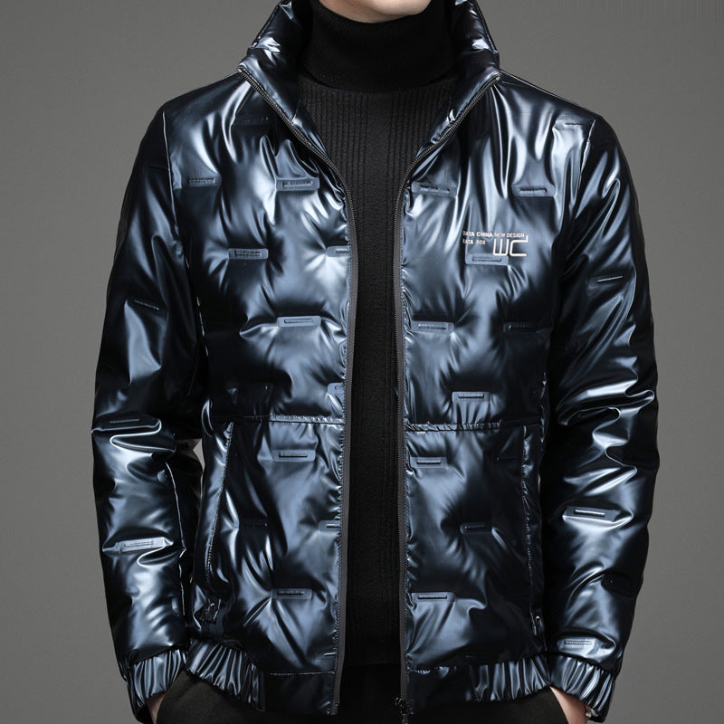 Herren Steppjacke Glänzend Hochschließend Schwarz