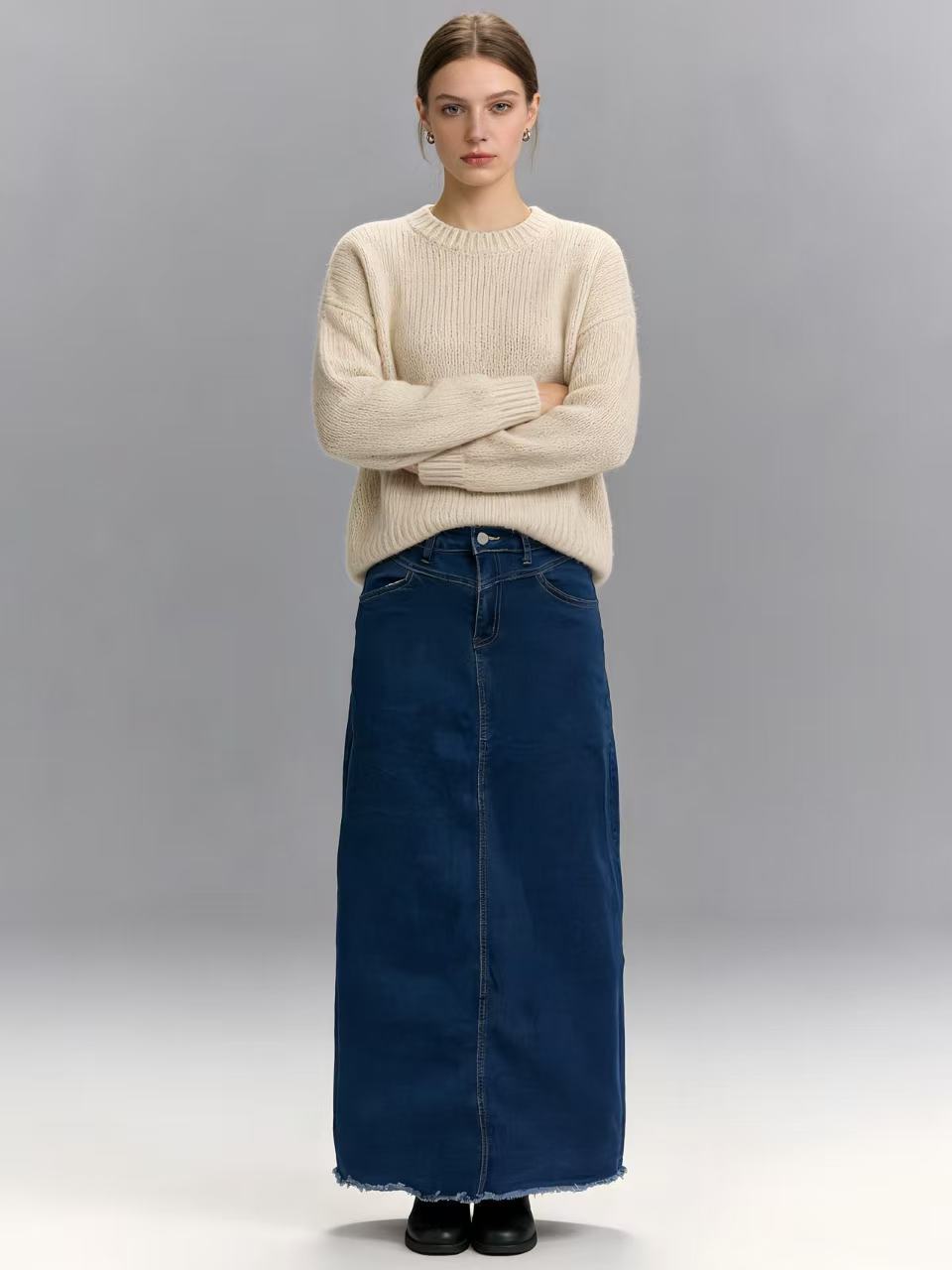 Damen Maxi-Rock Jeans Hochwerder mit Fransen