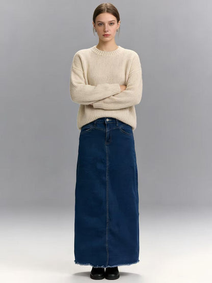 Damen Maxi-Rock Jeans Hochwerder mit Fransen