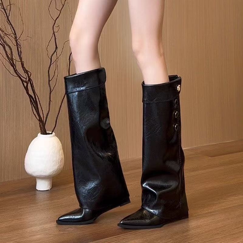 Damen Stiefel Knöchelhoch Flexible Schaft Knöpfchen Detail