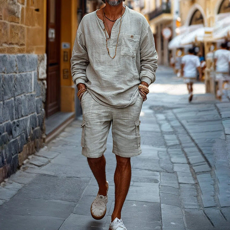 Herren Leinen-Outfit Langarm Bluse Cargo Shorts Sommer