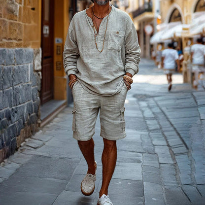 Herren Leinen-Outfit Langarm Bluse Cargo Shorts Sommer