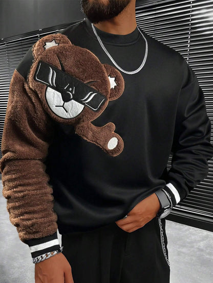 Herren Sweatshirt Plüsch Bär Applikation Modern
