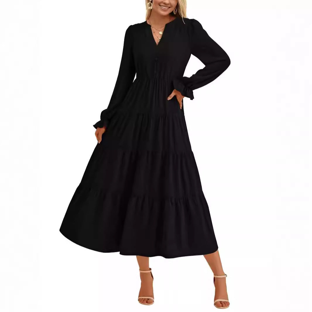 Damen Maxikleid Elegant Rüschendetails V-Ausschnitt Sommerkleid