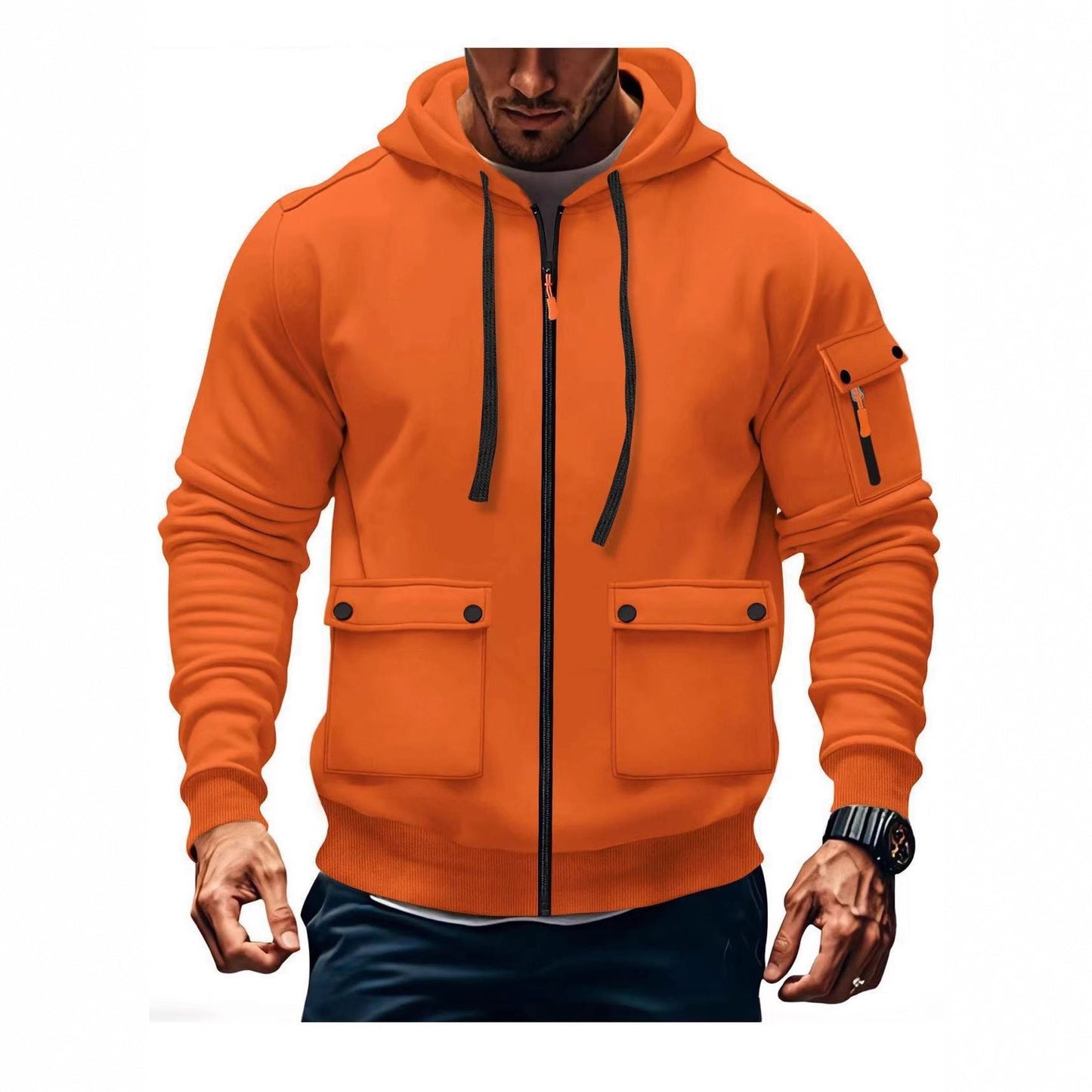 Modische Herren Kapuzenjacke Reißverschluss Taschen Schwarz