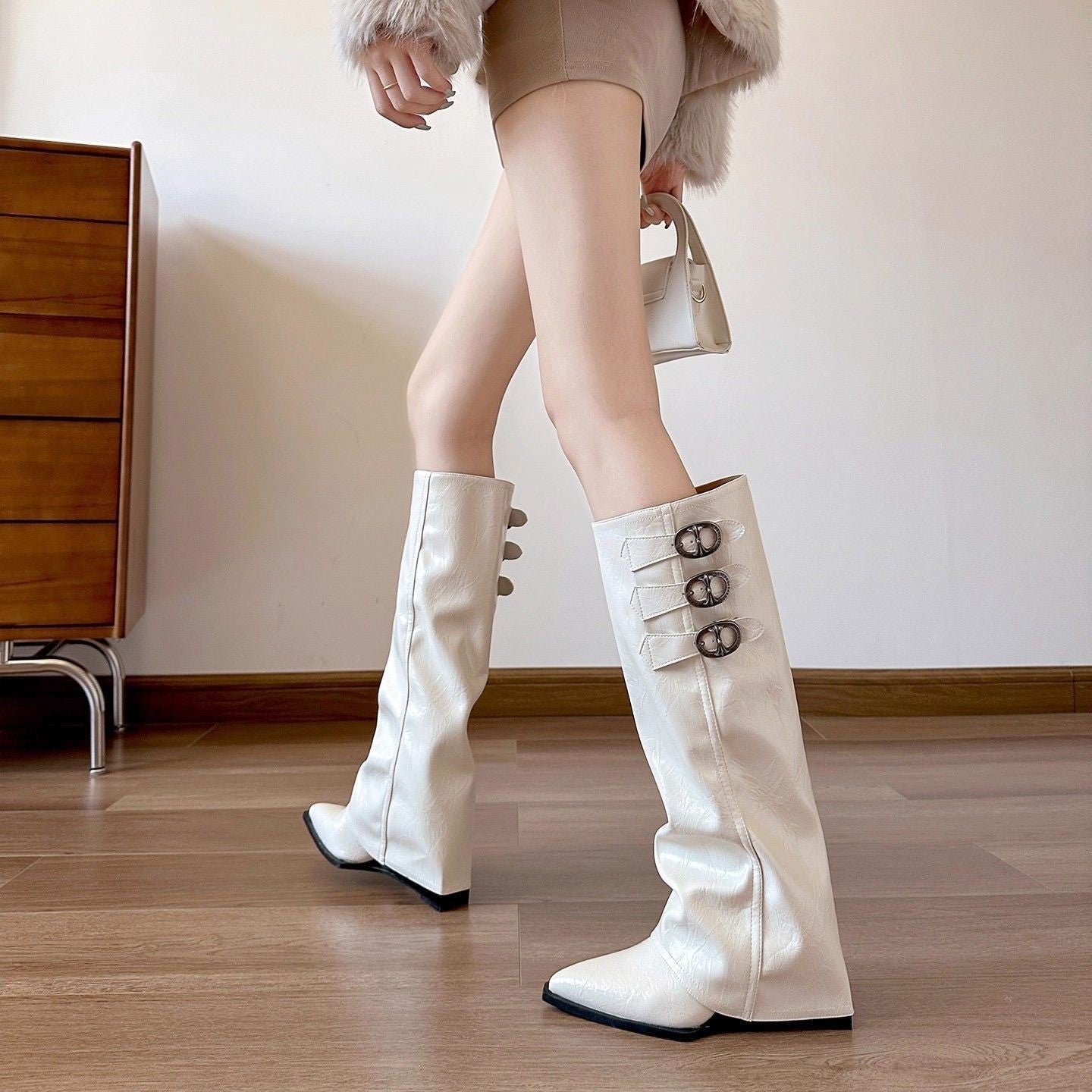 Damen Stiefel Überknie Schnalle Leder Schwarz Mode