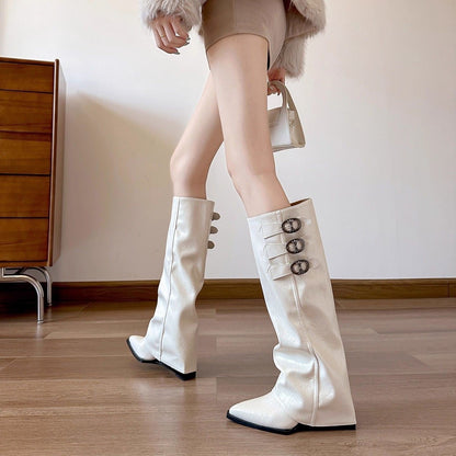 Damen Stiefel Überknie Schnalle Leder Schwarz Mode