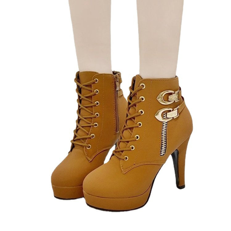 Damen Stiefeletten High Heel Schnalle Reißverschluss Schwarz