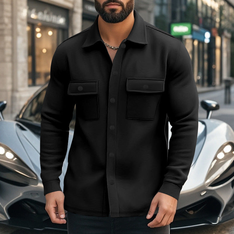 Herren Flanelljacke Modern mit Taschen Schwarz