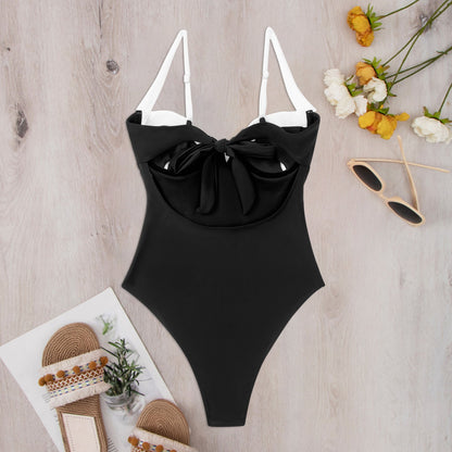 Damen Badeanzug Einteiler Hochgeschnitten Elegant Schwarz