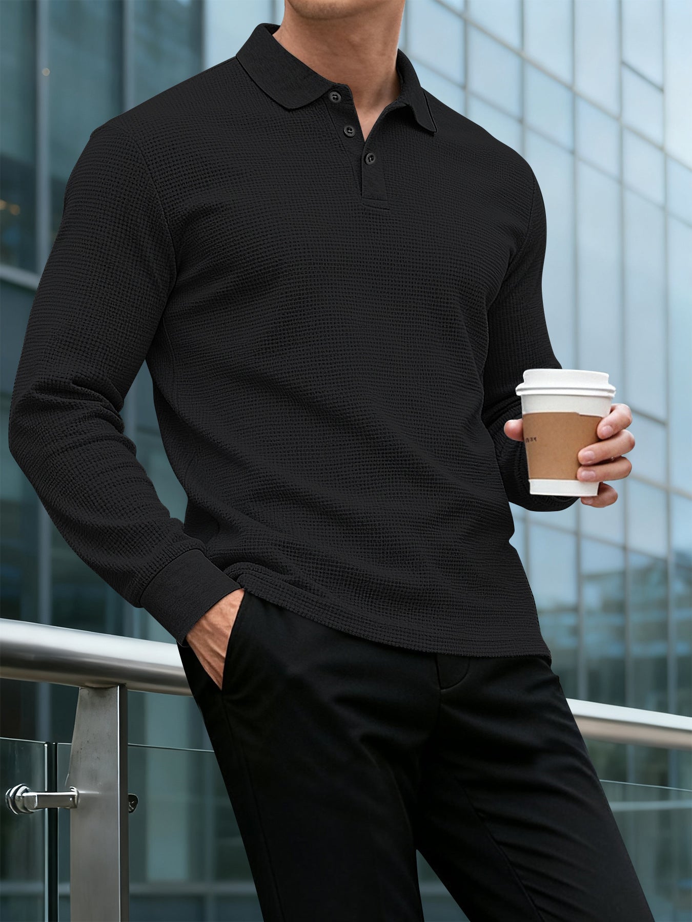 Herren Polo-Shirt Langarm Strukturiert Modern Berlin