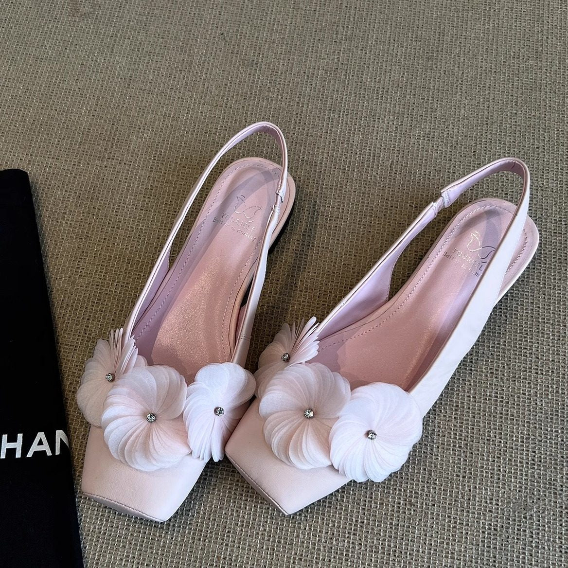 Damen Ballerinas Slingback mit Blumen Applikationen und KomfortAbsatz