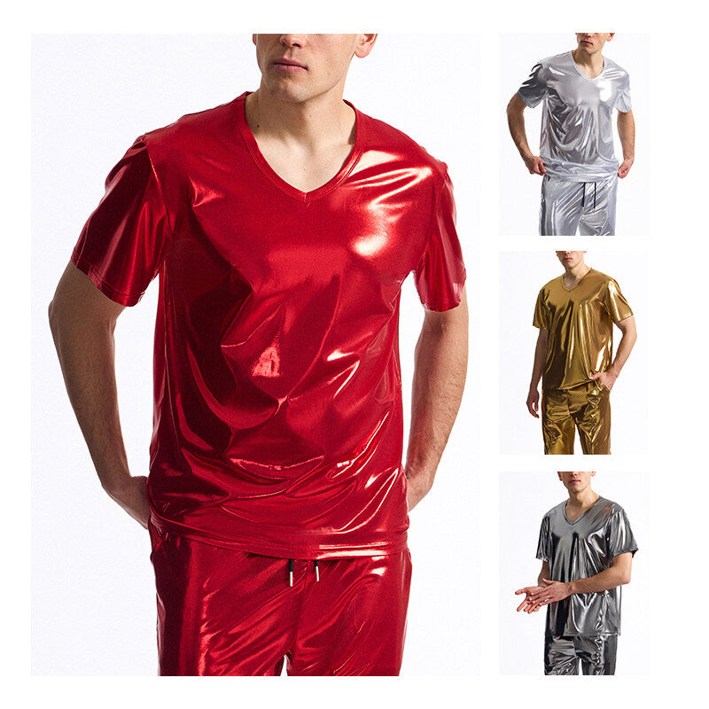 Herren T-Shirt V-Ausschnitt Metallic Glänzend