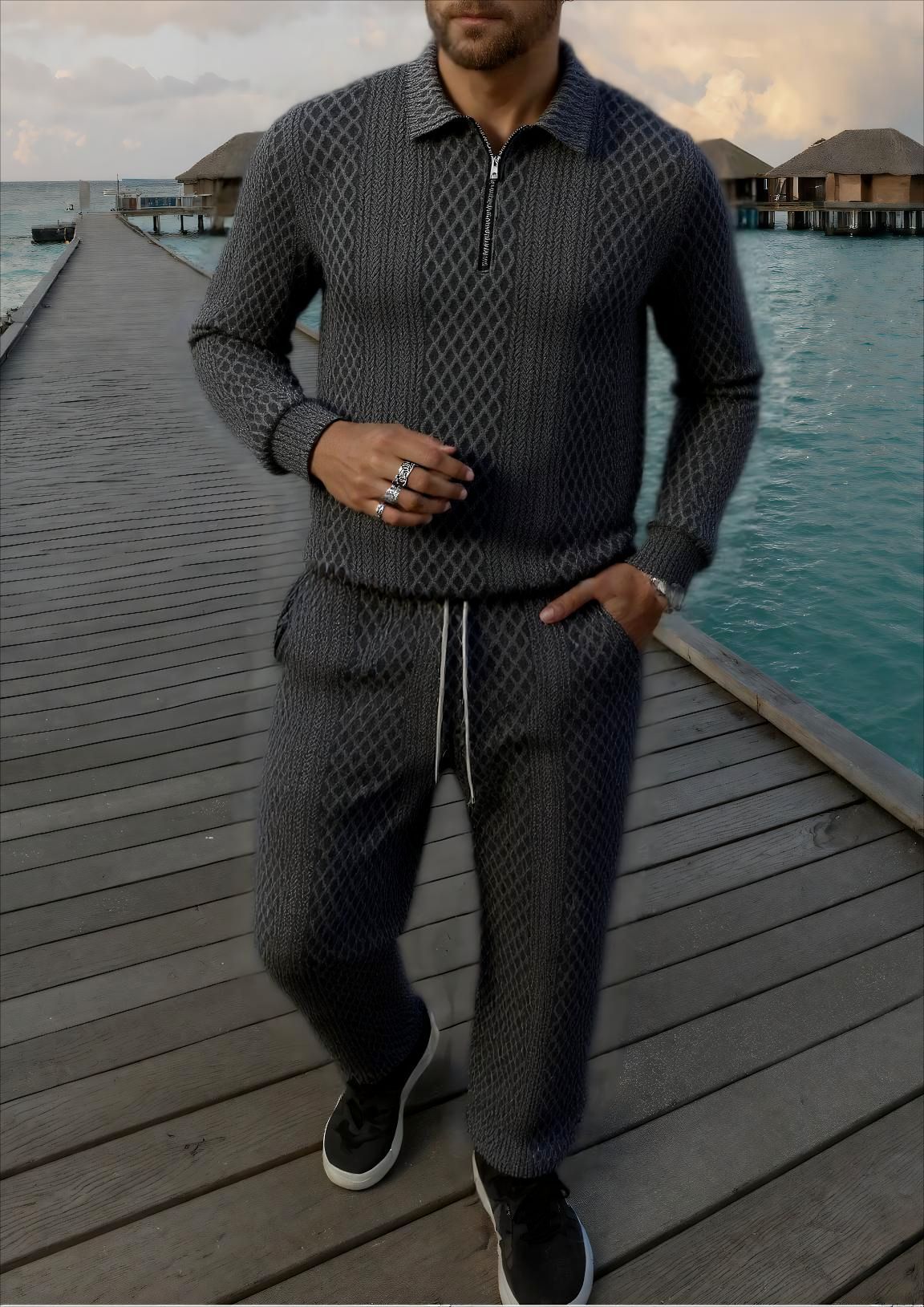 Herren Strickanzug Atmungsaktiv Elegante Optik Stehkragen
