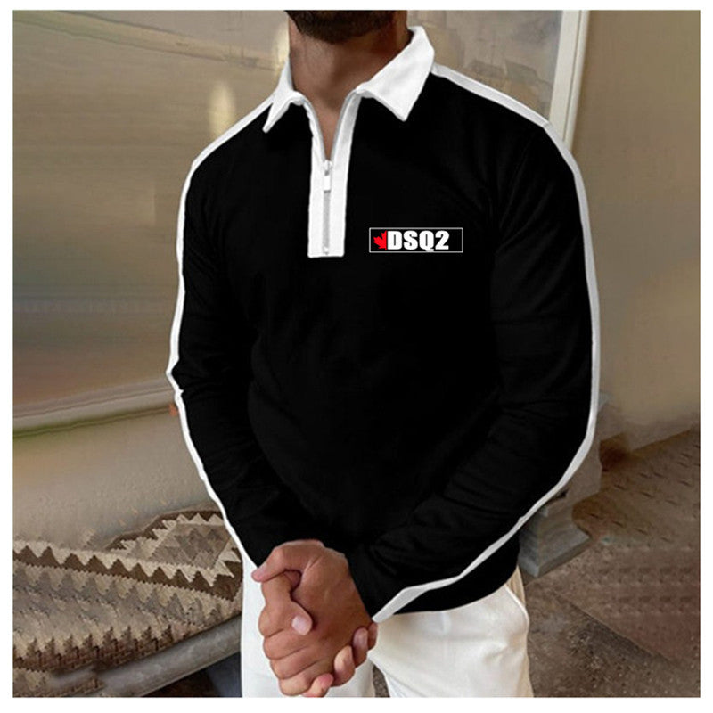 Herren Langarm Poloshirt Modern mit Reißverschluss Kontrast Farben